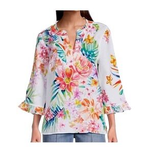 John Mark Womens 1X Floral Printed Split-V Neck 3/4 Ruffle Sleeve Top NWT‎
